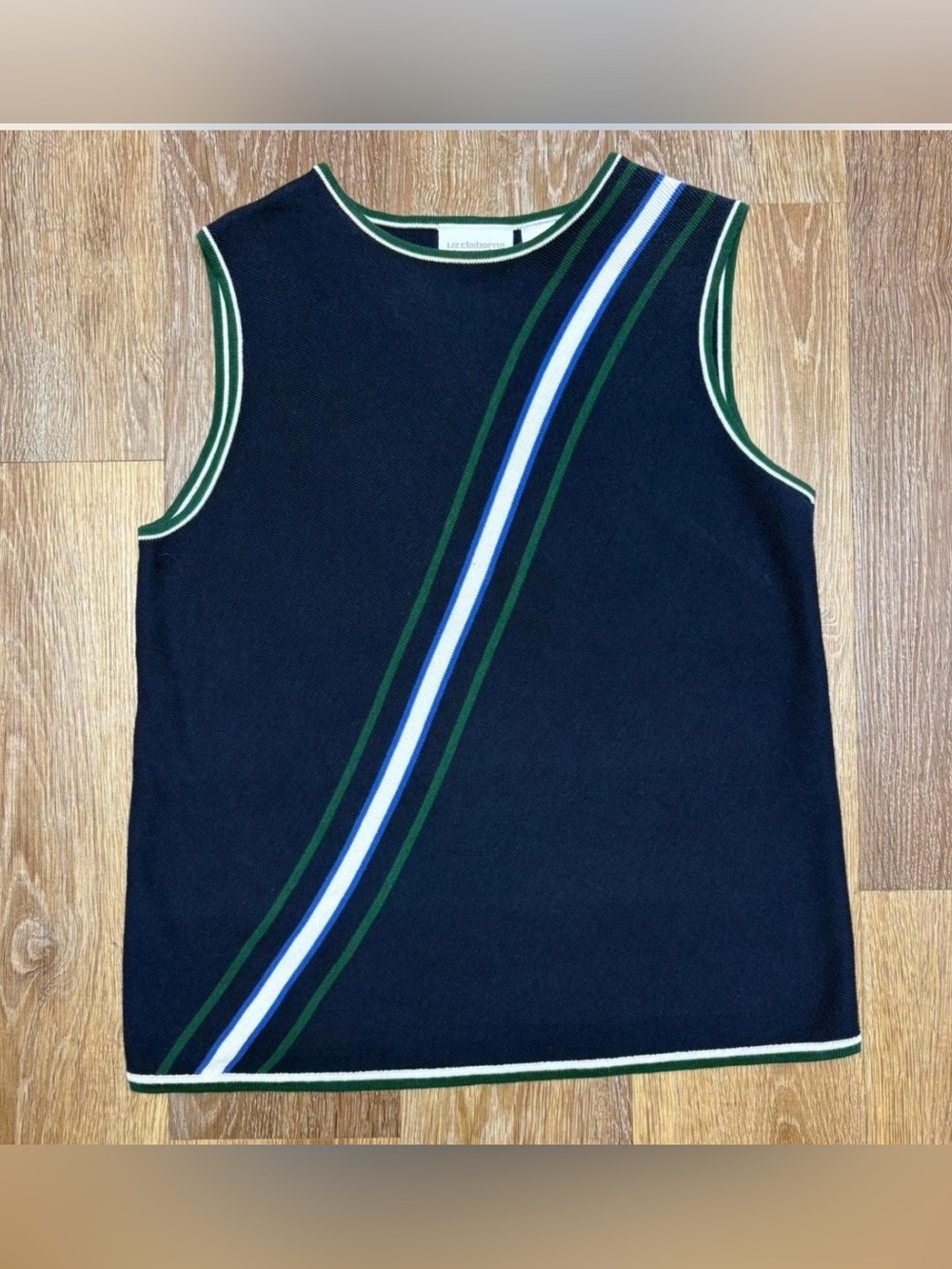 Liz Claiborne Navy Tank Top with Green and White Diagonal Stripe